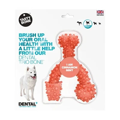 Image of TastyBone TrioBone Dental Nylon Dog Chew Toy for Large Dogs (Raspberry Mint) Strong Healthy Teeth &amp; Gums, Indestructible Aggressive Chewers, Everlasting Flavour, Made in the UK