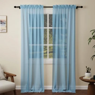 Image of Pacok Blue Voile Curtains, 108 Drop 2 Panels Net Curtain for Windows, Rod Pocket Sheer Panel Curtains Living Room Kitcken Bedroom W56xL108 Inch(Blue, 142 x 274cm)