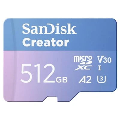 Image of SanDisk Creator microSDXC UHS I 512GB + SD adapter (For Smartphones, Camera&#039;s and Drones, 5,3K &amp; 4K, A2, C10, V30, U3, Speeds up to 190 MB/s, 3 months Adobe Lightroom included)