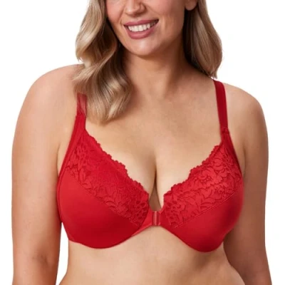 Image of Delimira Women&#039;s Front Fastening Bra Racer Back Lace Plus Size Non Padded Underwired Lipstick Red 34F