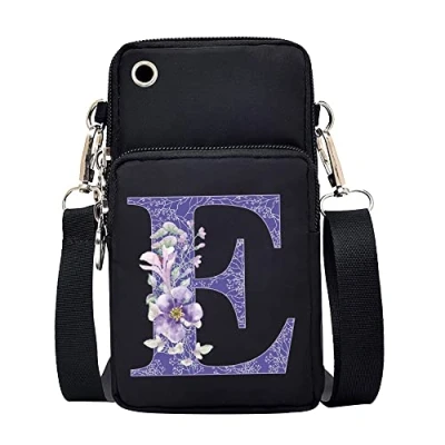 Image of FINDING CASE initial letter Printed Women Girls men Zipper Waterproof Nylon 3 Layers Crossbody Bags Wallet Cellphone Purse Shoulder Bag Wristlet Handbags Adjustable Strap (Purple flower E)