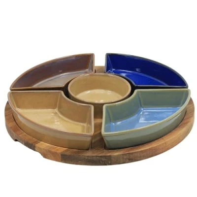 Image of Lesser &amp; Pavey Snack Dishes Wood Trays for Food Serving Snacks Platter with Bowls Colourful Designers Round and Square Tray Set of 5 Elements