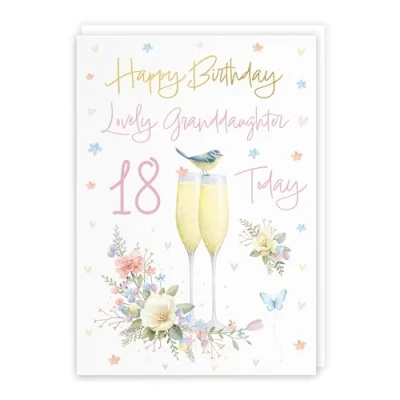 Image of Hunts England 18th Granddaughter Champagne Flutes Birthday Card Luxury Gold Foil Milo&#039;s Gallery Age 18 Pretty Flowers, Butterflies For Eighteen A5 Size