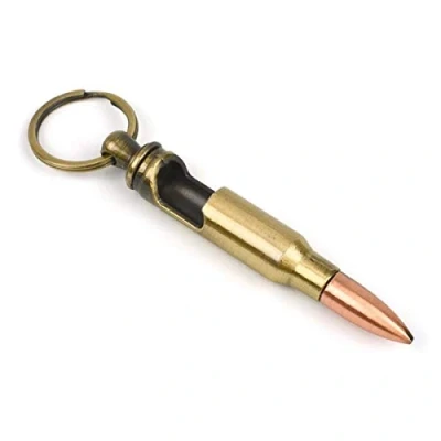Image of Bar Amigos Retro Military Bullet Bottle Opener Keyring 3&quot; .308 Caliber Winchester, Alloy, Distressed Brass, 8 x 1 cm