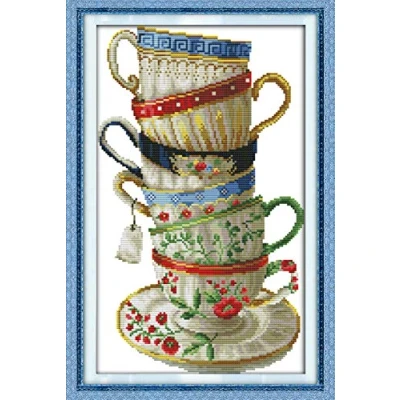 Image of Cross Stitch Kits Stamped, OWN4B Elegant Coffee Cup Printed Pattern 11CT 13.8x21.3 inch DIY Embroidery Kit (Cup 2)