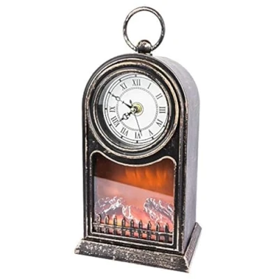 Image of LED fi fire with flame effect, lantern, clock design, working movement, 27.5 cm high, light timer (6 hours on, 18 off)