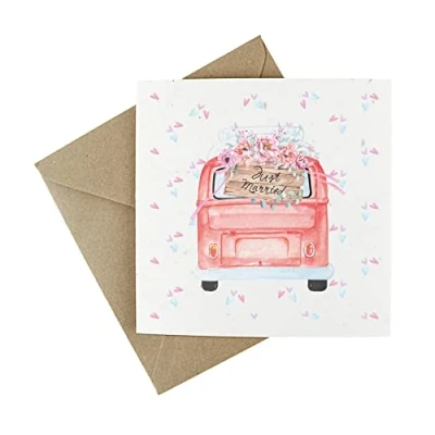 Image of Wildflower Wedding Day Card Eco Friendly Plantable Greeting Celebration Just Married Pink Van &amp; Flowers