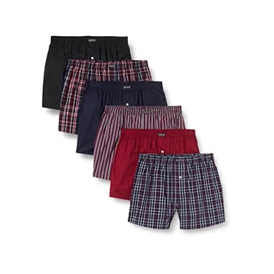 Image of Lower East Mens Le150 Boxer Shorts, Navy Blue/Black/Dark Red Striped &amp; Checkered, 4XL UK
