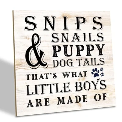 Image of Nursery Decor Wood Plaque Sign 5 * 5inch Quote Art Table for Boys Son&#039;s Room Snips and Snails Puppy Dog Tails That&#039;s What Little Are Made Of