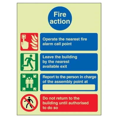 Image of V Safety 12010AN GS Glow In The Dark Fire Action Do Not Re Enter Notice Sign 150mm x 200mm Self Adhesive Vinyl