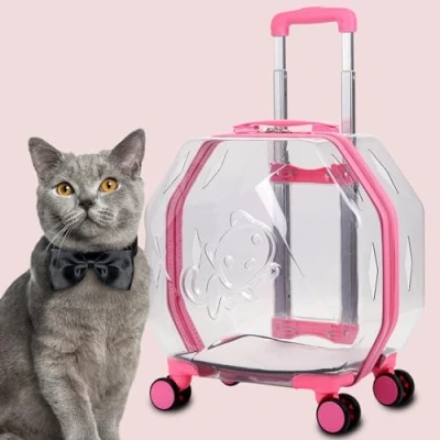 Image of Transparent Bubble Pet Carrier with Wheels,Freely Breathe Travel Dog Carrie,Lightweight Hard Cat Mats,Rolling for Cats and Dogs,Airline Approved