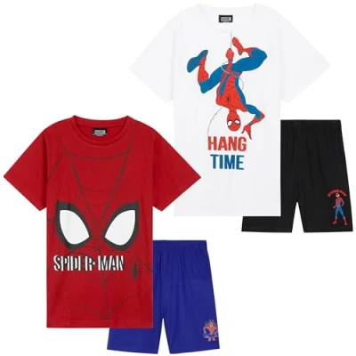 Image of Marvel Spiderman Boys Short Pyjamas Set, Breathable Loungewear Pack of 2 Gifts (Red/White, 11 12 Years)