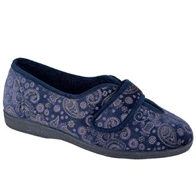 Image of Sleepers Womens Ivy Touch Fastening V Throat Slippers with Rubber Sole Navy Blue (EE Fitting) 5 UK