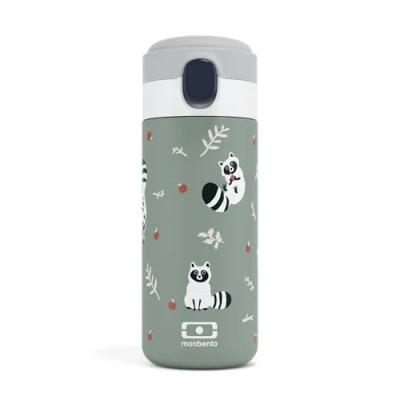 Image of monbento Kids Insulated Bottle MB Pop Raccoon 12 Oz Leakproof Hot/Cold Up to Hours Small Water for School/Park or Adult Handbag BPA Free Food Grade Safe Green
