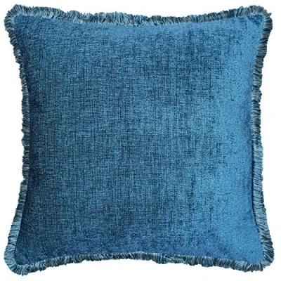 Image of Riva Paoletti Astbury Cushion Cover Teal Blue Metallic Chenille Style Fabric Fringed Edges Hidden Zip Closure 100% Polyester 50 x 50cm (20&quot; 20&quot; inches) Designed in the UK