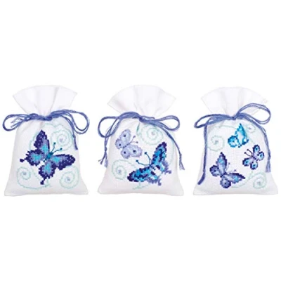 Image of Vervaco Counted Cross Stitch Kit: Pot Pourri Bag: Blue Butterflies (Set of 3), Multi Colour