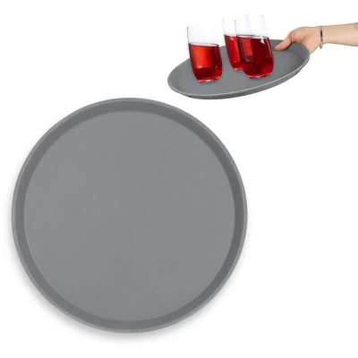 Image of Relaxdays Serving Tray, Round Ø 35 cm, Bar Drinks Plate, Non Slip Rubber Surface, Waiter&#039;s Catering, Versatile, Grey, Iron, 140 x 53 49 cm