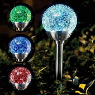 Image of Status Bunbury 6cm Colour Changing LED Solar Stake Light Crackle Glass Ball Stainless Steel, 3 Pack