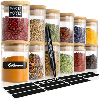 Image of Moritz &amp; 12x spice jars with lids and labels 125 ml glass bamboo incl. 12 x tabel 1 chalk pencil airtight for spices, herbs tea