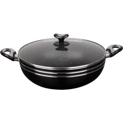 Image of Lavv Housewares Premium Marble Coated Non Stick Induction Wok with Glass Lid Black (Short Handle, 30cm)