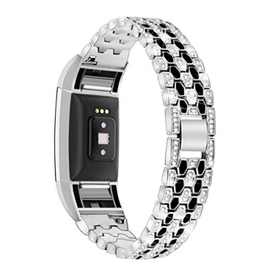 Image of Gimart Bling Strap Compatible for Fitbit Charge 2 Strap, Women Men Stainless Steel Rhinestone Replacement Band Wrist Metal Bracelet Wristband HR Fitness Tracker