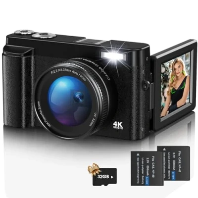 Image of Digital Camera,4K UHD 48MP Autofocus Vlogging Camera for Youtube with 16X Zoom,180 Flip screen 32G Card and UV lens,Compact Teenagers, Beginners,Adults Black
