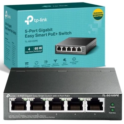 Image of TP Link Managed PoE Network Switch 5 port Gigabit, 4 PoE+ ports up to 30 W for each and 65 all ports, Support monitoring, traffic prioritization, VLAN(TL SG105PE)