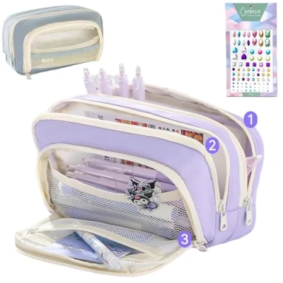 Image of Big Capacity Pencil Case, 3 Compartments Simple Storage Aesthetic Large Pouch Handheld Pen Bag Cosmetic Portable Gift (Purple)