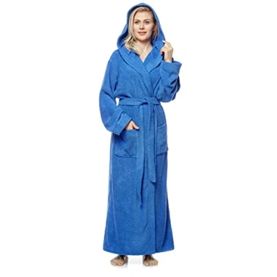 Image of Arus Women&#039;s bathrobe with hood, full length, 100% cotton terry, women`s size: M long, unisex S Royal Blue
