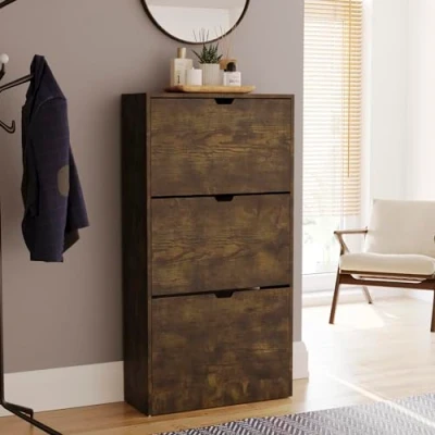 Image of Vida Designs 3 Drawer Shoe Cabinet, Space Saving Slim Storage Cupboard with Flip Drawers, Hallway and Living Room Furniture FSC 100 certified (Dark Wood)