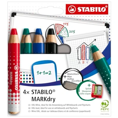 Image of Whiteboard and Flipchart Markers STABILO MARKdry Pack of 4 Assorted Colours with Sharpener + Wiping Cloth