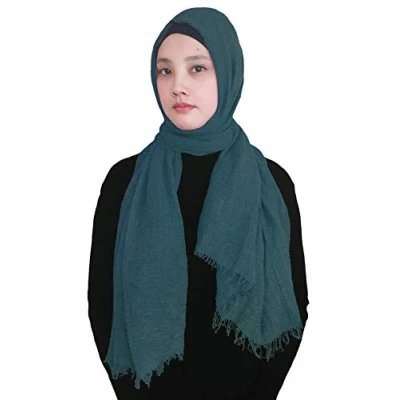 Image of Lina &amp; Lily Plain Colour Crepe Crinkled Scarf Hijab with Frayed Edges (Teal)