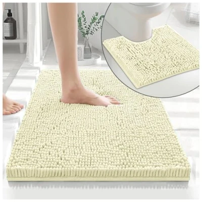 Image of GC GAVENO CAVAILIA 2 Piece Non Slip Rubber Backed Mats Super Absorbent Antibacterial Toilet Carpet Mat Quick Dry Microfiber Chenille Rug Washable Bath Cream