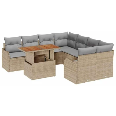 Image of vidaXL 9 Piece Garden Sofa Set with Cushions Beige Poly Rattan