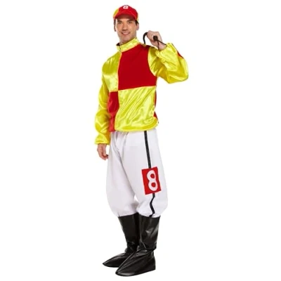 Image of HENBRANDT Adult Men’s Red and Yellow Horse Jockey Outfit with Peaked Hat Boot Covers Sports Fancy Dress Costume Racing Up One Size Mens