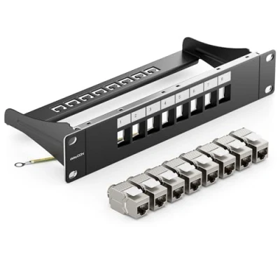Image of deleyCON 8 Port Patch Panel Set Modular 1 U 10 Inch Rack Installation + 8x RJ45 Keystone Module CAT6a Compatible with CAT5 CAT6 CAT7 LAN Network Cable Black