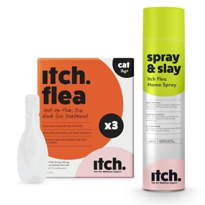 Image of Itch l Flea &amp; Tick Treatment for Cats Household Spray Kills Fleas, Lice, Ticks, Eggs and Larvae With Fipronil S Methoprene Odourless 500ml Pack of 3 Pipettes