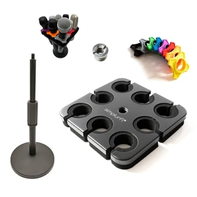 Image of Simplurfi Multi Microphone Holder with Desktop Mic Stand Square Tray Attachment holds up to 8 mics On Stage Organizer and Display Anti roll Rings Included