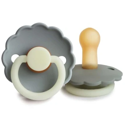 Image of FRIGG Daisy Latex Pacifier Pack of 2 Natural Rubber Soother Dummy BPA Free Made in Denmark Symmetrical Cherry Shaped Nipple (French Gray Night/Portobello Night, Size (6 18 Months))