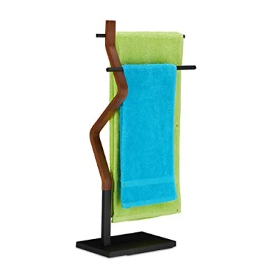 Image of Relaxdays 1 x Standing Towel Rack 2 Bar for Towels &amp; Tea Wood Metal Black Brown