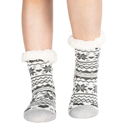 Image of Polar Womens Slipper Socks Soft Fleece Lined With Sole Grips Gift Packaging Snuggly Present For Her Insulated Warm Fluffy Sherpa Lining Thermal Hearts Grey UK 5/6