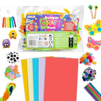 Image of Bumper Craft Pack Kids&#039; Arts and Crafts Supplies in a Handy Bag Includes A5 Paper, Lolly Sticks, Pom Poms, Pipe Cleaners, Wiggly Eyes, Sequins, Foam Shapes for Creative Fun