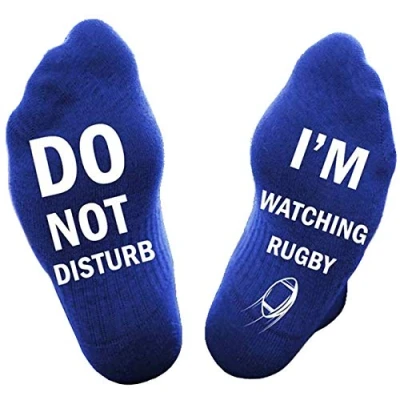 Image of SoulQ Letter Printed Novelty Funny Sayings Knitted Crew Socks DO NOT DISTURB,I&#039;M WATCHING RUGBY, Blue, L