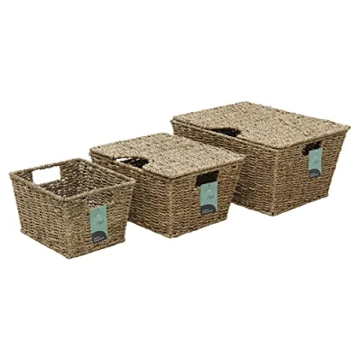 Image of JVL Seagrass Set of 3 Rectangular Lidded Storage Baskets, Natural