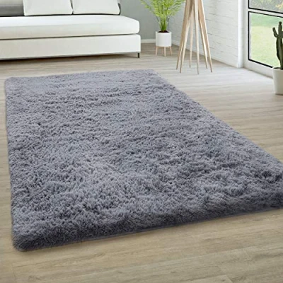Image of Paco Home Area Rug Living Room Shaggy Large Bedroom Deep Pile Fluffy Soft Non slip Modern Monochrome, Size:120x170 cm, Colour:Grey