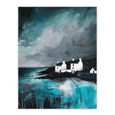 Image of Artery8 Coastal Cottages Oil Painting Grey Sky Scotland Living Room Large Wall Art Poster Print Thick Paper 18X24 Inch