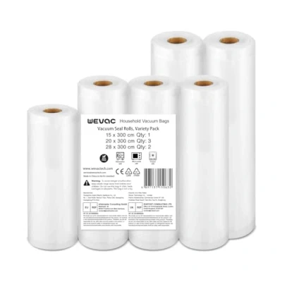 Image of Wevac Lite 6 Pack (1)15x300cm and (3)20x300cm (2)28x300cm Food Rolls Vacuum Sealer Bags for Saver, Commercial Grade, BPA Free, Heavy Duty, Great Meal Prep Sous Vide Cooking(Total 18m)