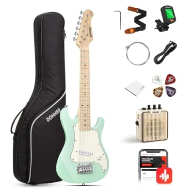 Image of Donner 30 Inch Kids Junior Electric Guitar Beginner Kit ST Style Mini Premium Bundle with Amp, Tuner, Capo, Bag, Strap, String, Cable (DSJ 100, Mint Green)