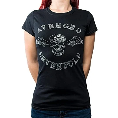 Image of Avenged Seven Fold Women&#039;s Sevenfold Death Bat with Rhinestone Application T Shirt, Black (Black Black), 16 (Manufacturer Size: Xx Large)