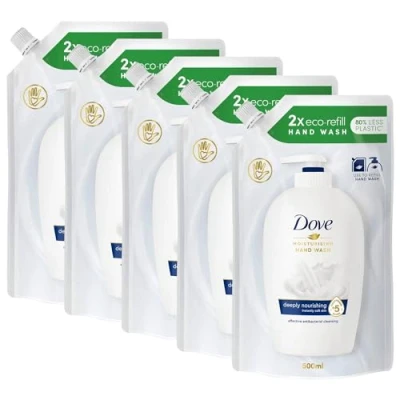 Image of Dove Moisturising Eco Refill for Liquid Hand Wash Effective Antibac Cleansing 24H Nourishment and Instantly Soft Skin 500ml, 5 Pack